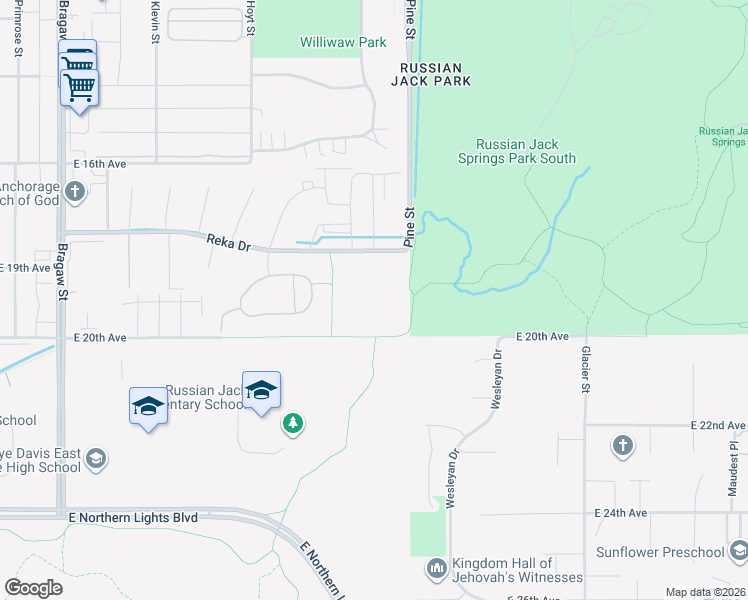map of restaurants, bars, coffee shops, grocery stores, and more near 4670 Reka Drive in Anchorage
