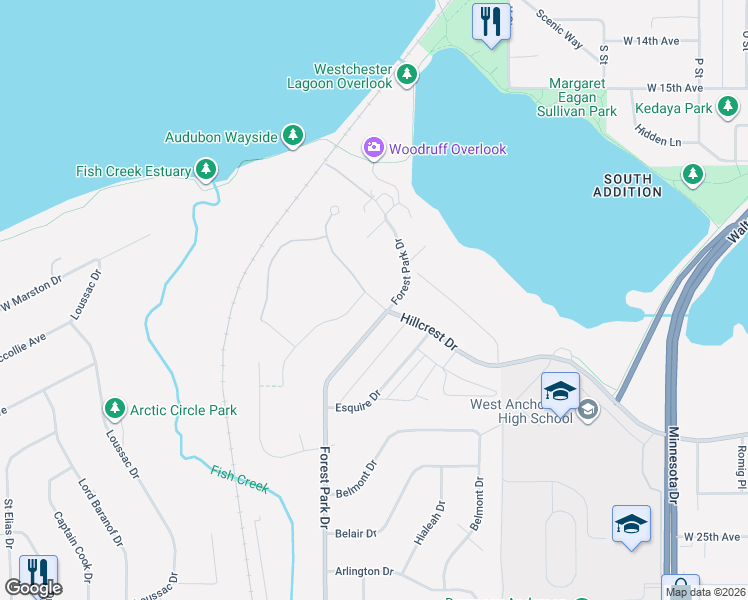 map of restaurants, bars, coffee shops, grocery stores, and more near Highlands Drive in Anchorage