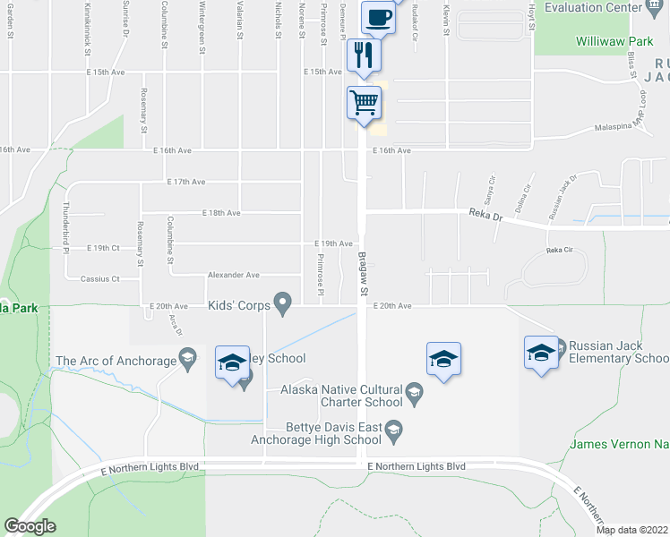 map of restaurants, bars, coffee shops, grocery stores, and more near 1922 Bragaw Square Place in Anchorage
