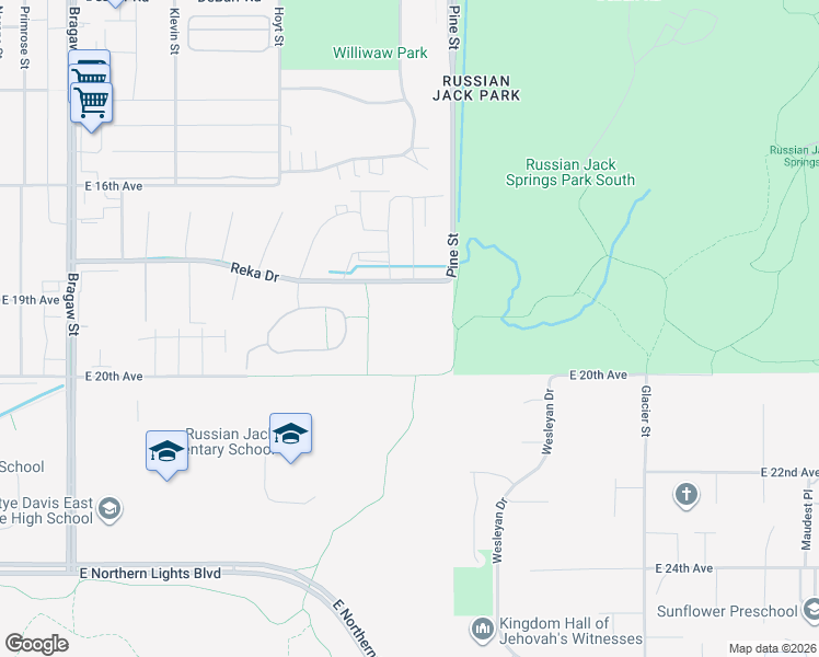 map of restaurants, bars, coffee shops, grocery stores, and more near 4670 Reka Drive in Anchorage