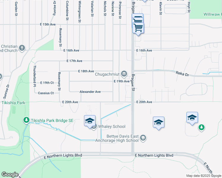 map of restaurants, bars, coffee shops, grocery stores, and more near 1953 Norene Street in Anchorage