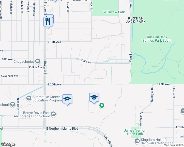 map of restaurants, bars, coffee shops, grocery stores, and more near 4330 Reka Drive in Anchorage