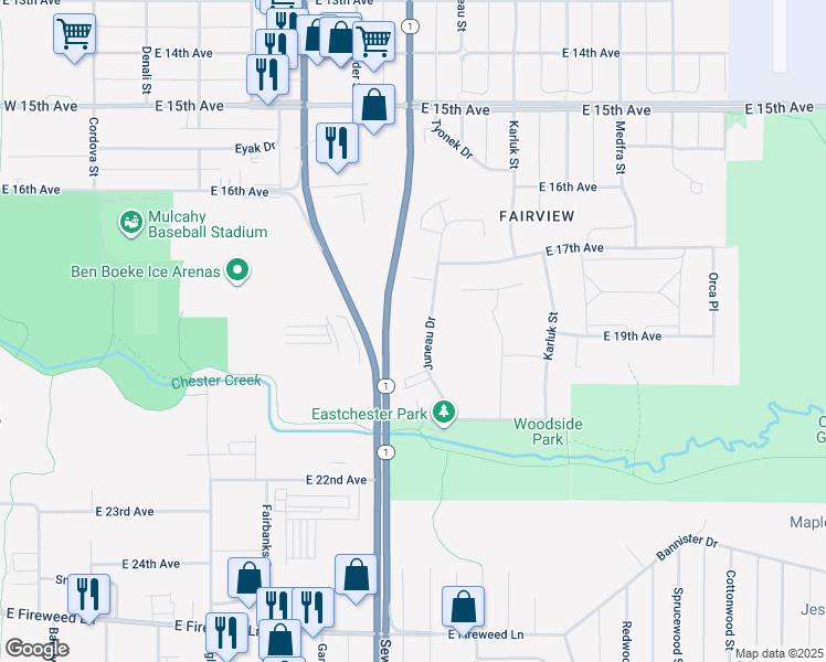 map of restaurants, bars, coffee shops, grocery stores, and more near 1918 Juneau Drive in Anchorage
