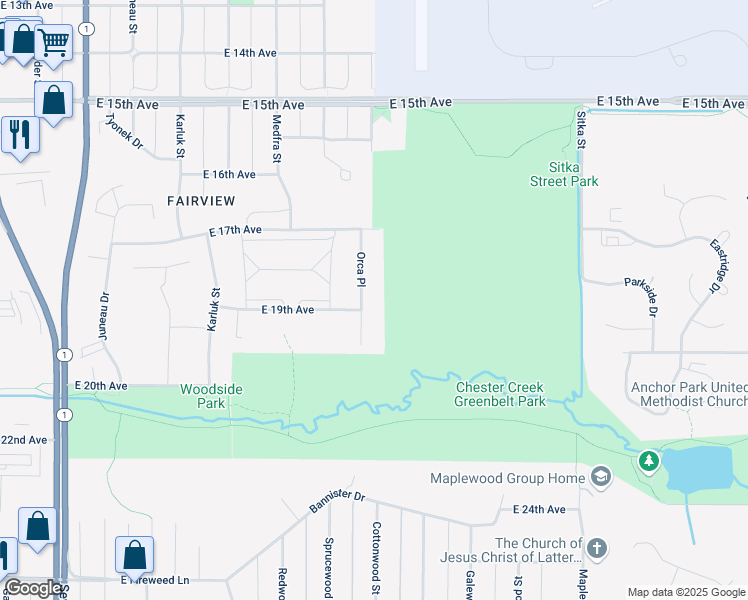 map of restaurants, bars, coffee shops, grocery stores, and more near 1921 Orca Place in Anchorage