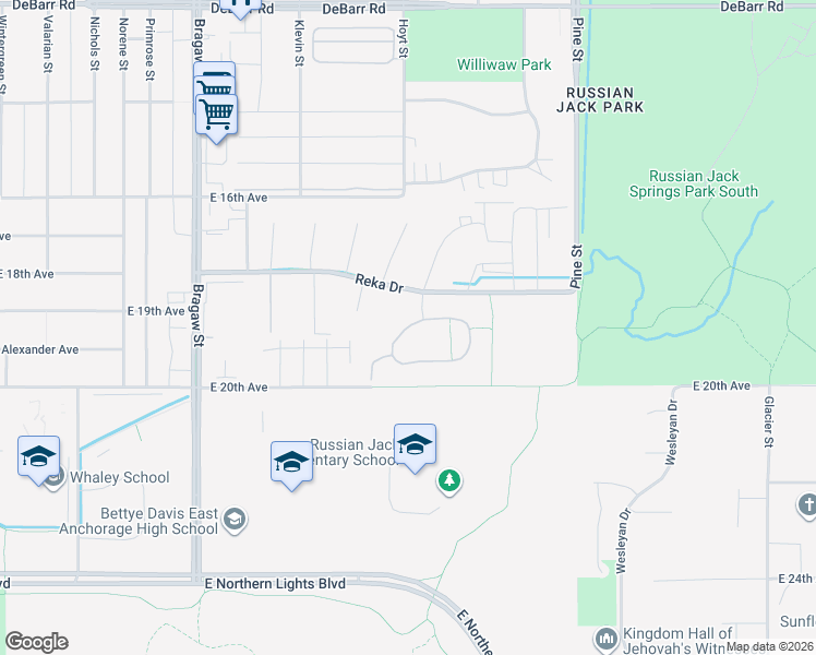 map of restaurants, bars, coffee shops, grocery stores, and more near 4358 Reka Drive in Anchorage