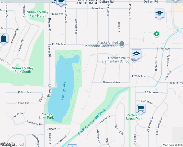 map of restaurants, bars, coffee shops, grocery stores, and more near 6621 Sherwood Circle in Anchorage