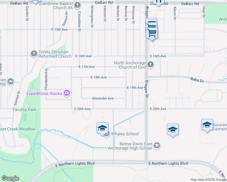 map of restaurants, bars, coffee shops, grocery stores, and more near 3640 Alexander Avenue in Anchorage