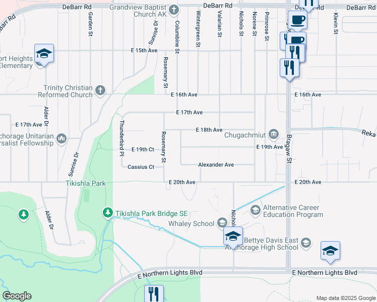 map of restaurants, bars, coffee shops, grocery stores, and more near 3424 East 19th Avenue in Anchorage