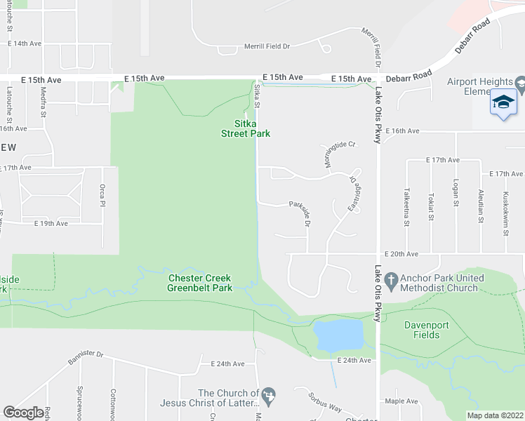 map of restaurants, bars, coffee shops, grocery stores, and more near 1800 Parkside Drive in Anchorage