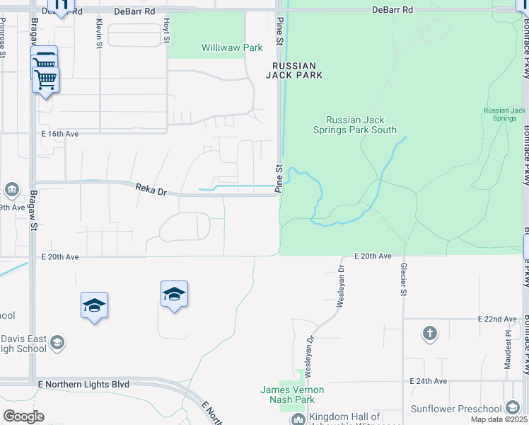 map of restaurants, bars, coffee shops, grocery stores, and more near 4630 Reka Drive in Anchorage