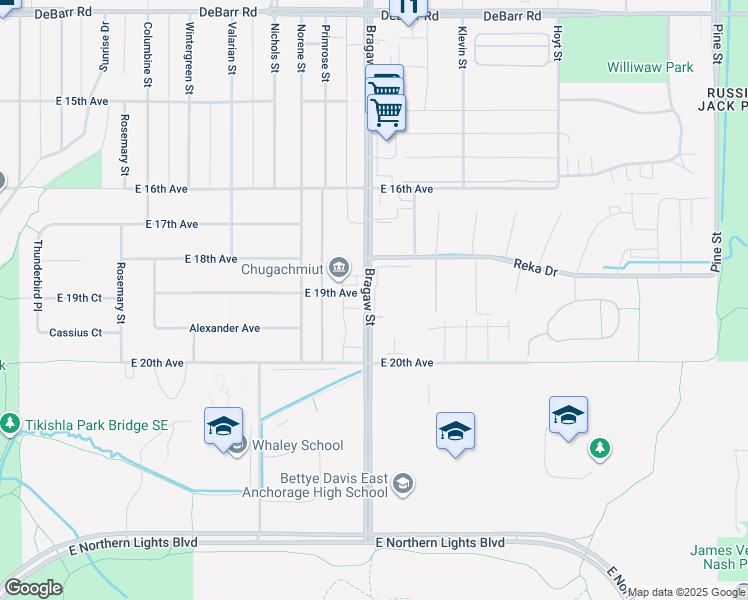 map of restaurants, bars, coffee shops, grocery stores, and more near 1815 Bragaw Street in Anchorage