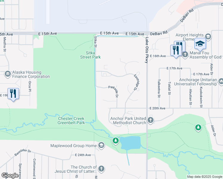 map of restaurants, bars, coffee shops, grocery stores, and more near 1600 Eastridge Drive in Anchorage
