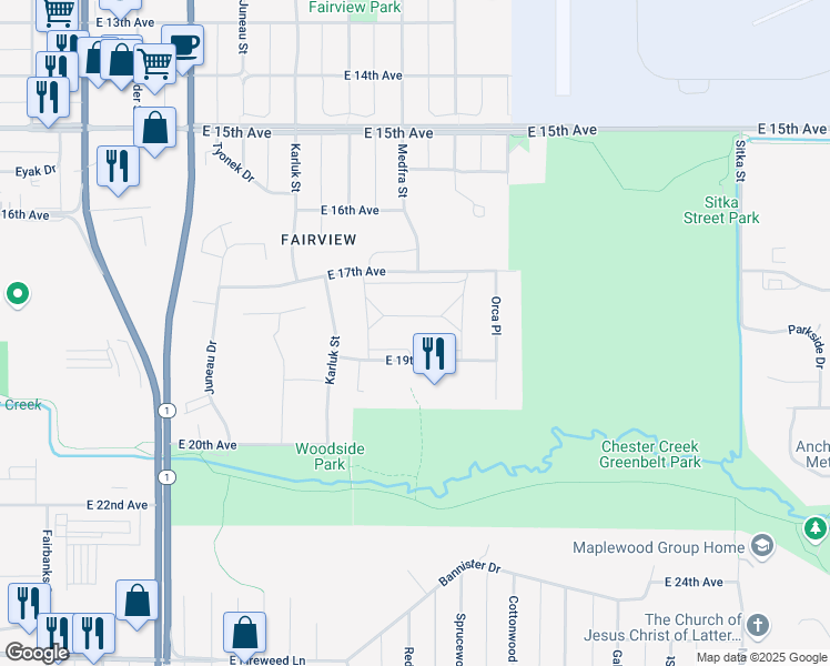 map of restaurants, bars, coffee shops, grocery stores, and more near 1280 East 17th Avenue in Anchorage