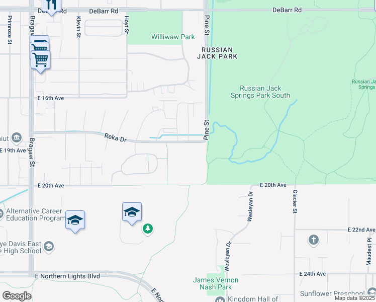 map of restaurants, bars, coffee shops, grocery stores, and more near 4630 Reka Drive in Anchorage