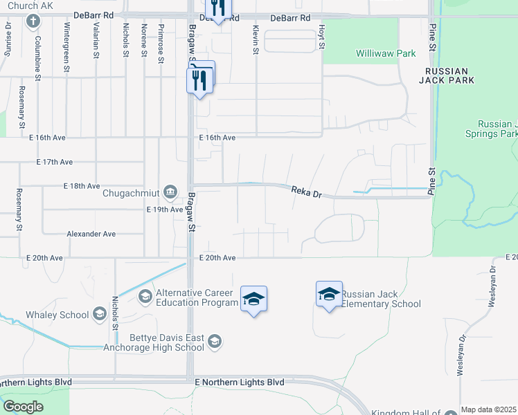 map of restaurants, bars, coffee shops, grocery stores, and more near 4108 Reka Drive in Anchorage