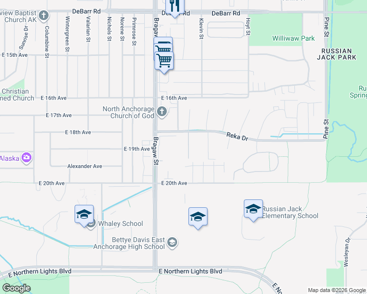 map of restaurants, bars, coffee shops, grocery stores, and more near 3958 A Reka Drive in Anchorage