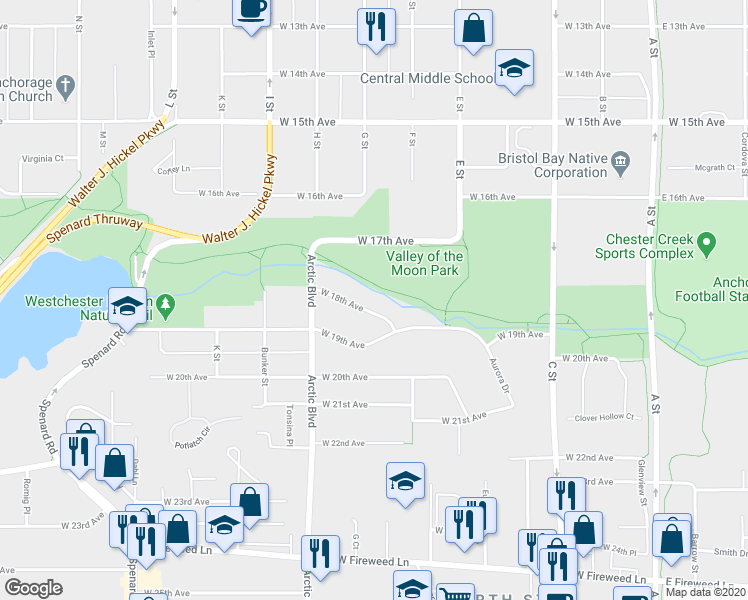 map of restaurants, bars, coffee shops, grocery stores, and more near 637 West 18th Avenue in Anchorage