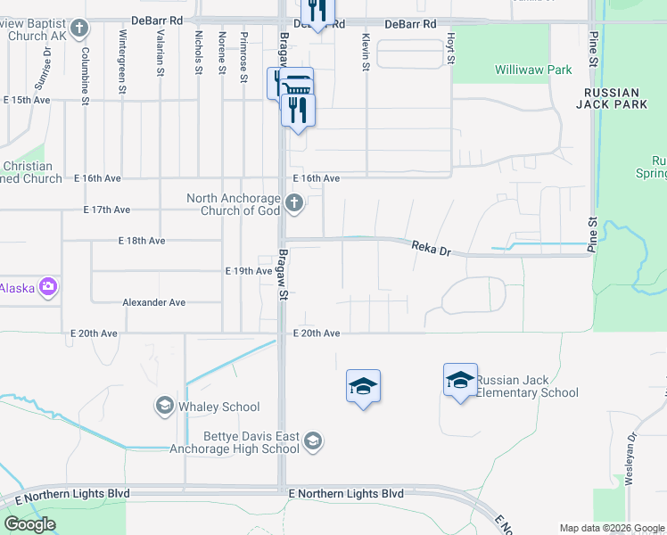map of restaurants, bars, coffee shops, grocery stores, and more near 3958 A Reka Drive in Anchorage