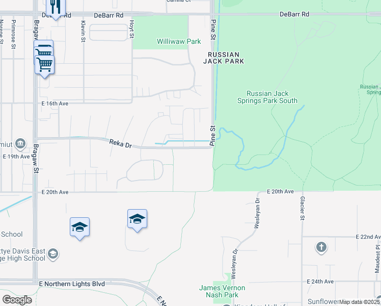 map of restaurants, bars, coffee shops, grocery stores, and more near 4601 Reka Drive in Anchorage