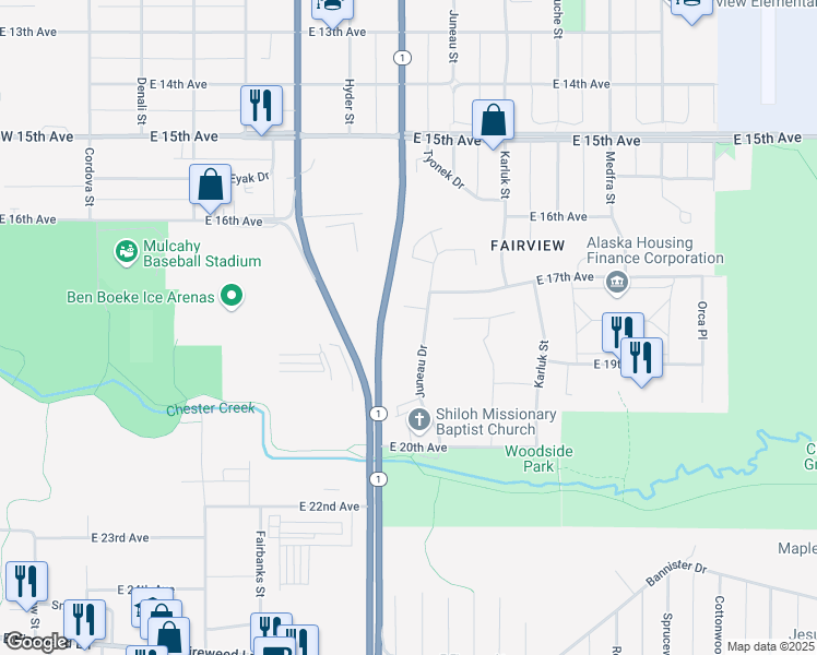 map of restaurants, bars, coffee shops, grocery stores, and more near 1706 Juneau Drive in Anchorage