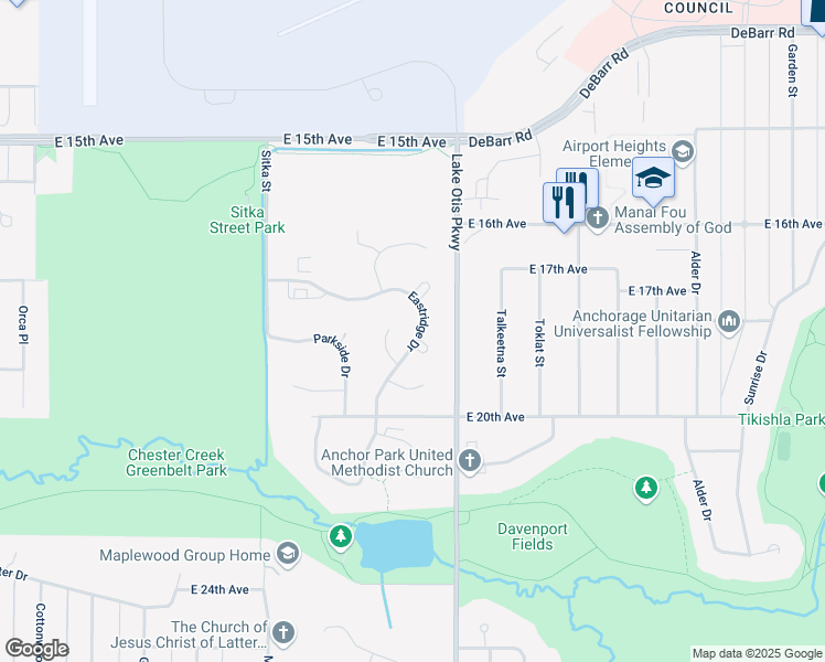 map of restaurants, bars, coffee shops, grocery stores, and more near 1761 Eastridge Drive in Anchorage