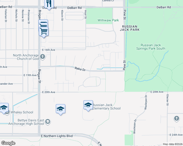 map of restaurants, bars, coffee shops, grocery stores, and more near 4472 Reka Drive in Anchorage