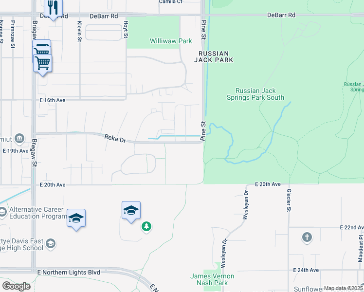 map of restaurants, bars, coffee shops, grocery stores, and more near 4601 Reka Drive in Anchorage