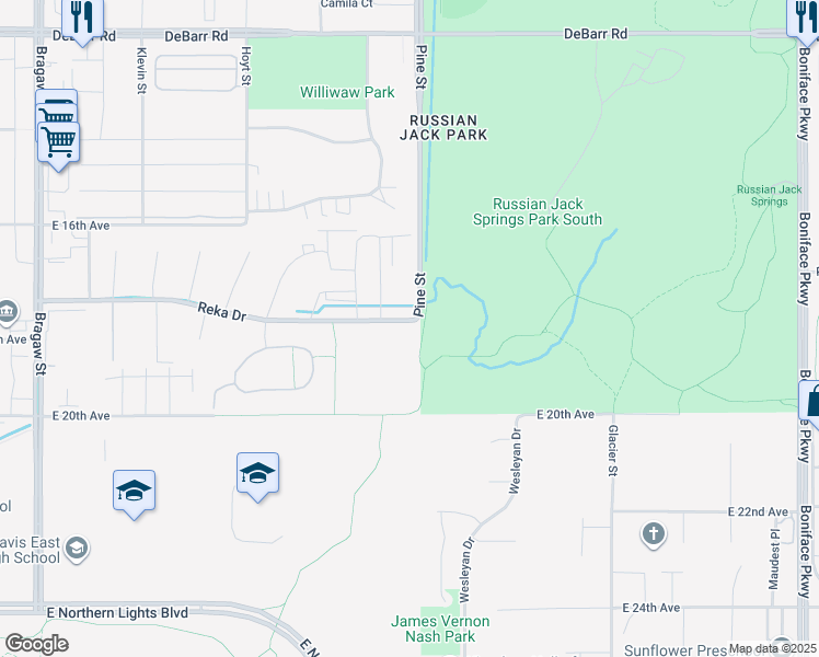 map of restaurants, bars, coffee shops, grocery stores, and more near 4660 Reka Drive in Anchorage