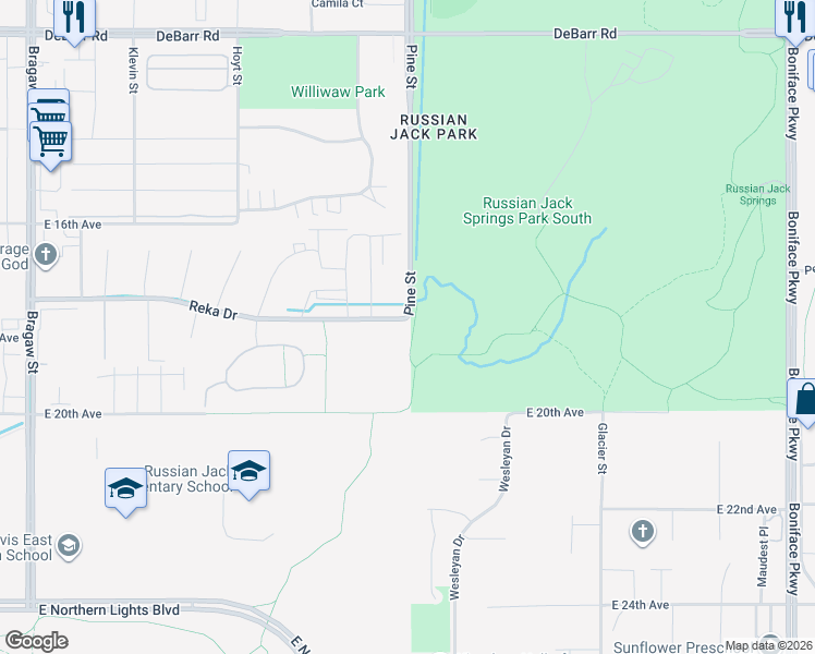 map of restaurants, bars, coffee shops, grocery stores, and more near 4670 Reka Drive in Anchorage