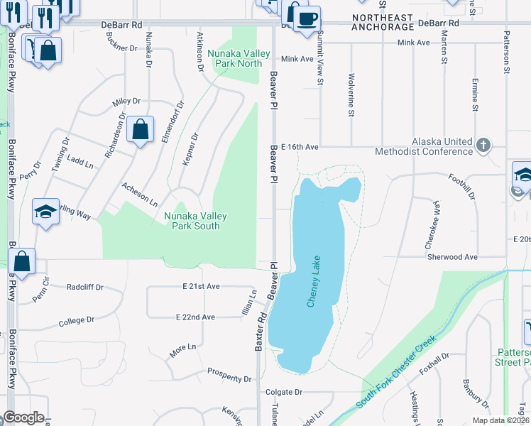 map of restaurants, bars, coffee shops, grocery stores, and more near 1730 Beaver Place in Anchorage