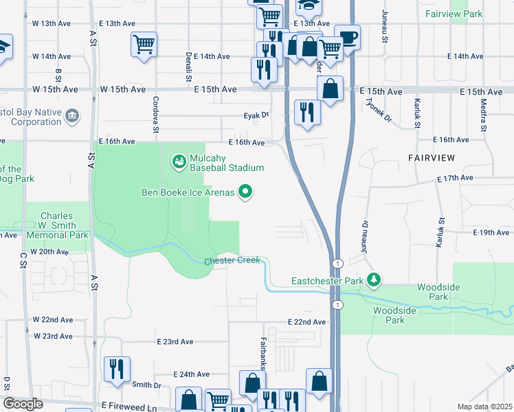 map of restaurants, bars, coffee shops, grocery stores, and more near 534 East 16th Avenue in Anchorage