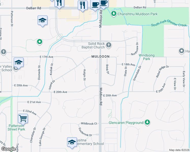 map of restaurants, bars, coffee shops, grocery stores, and more near 1750 Muldoon Circle in Anchorage
