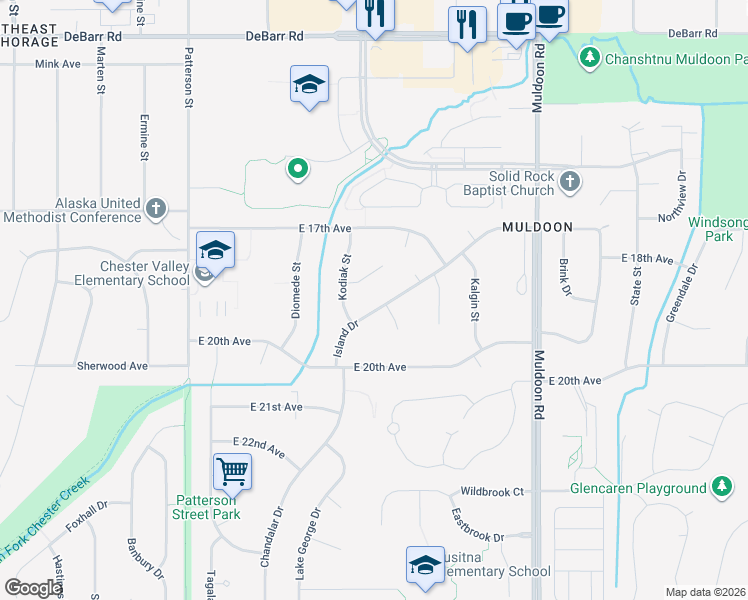 map of restaurants, bars, coffee shops, grocery stores, and more near 7520 Beluga Circle in Anchorage