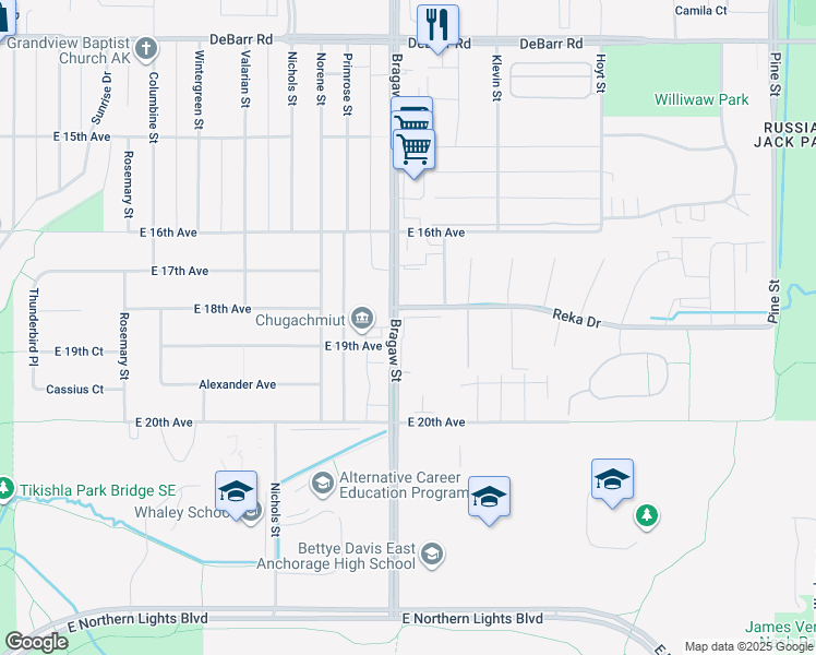 map of restaurants, bars, coffee shops, grocery stores, and more near 1815 Bragaw St in Anchorage