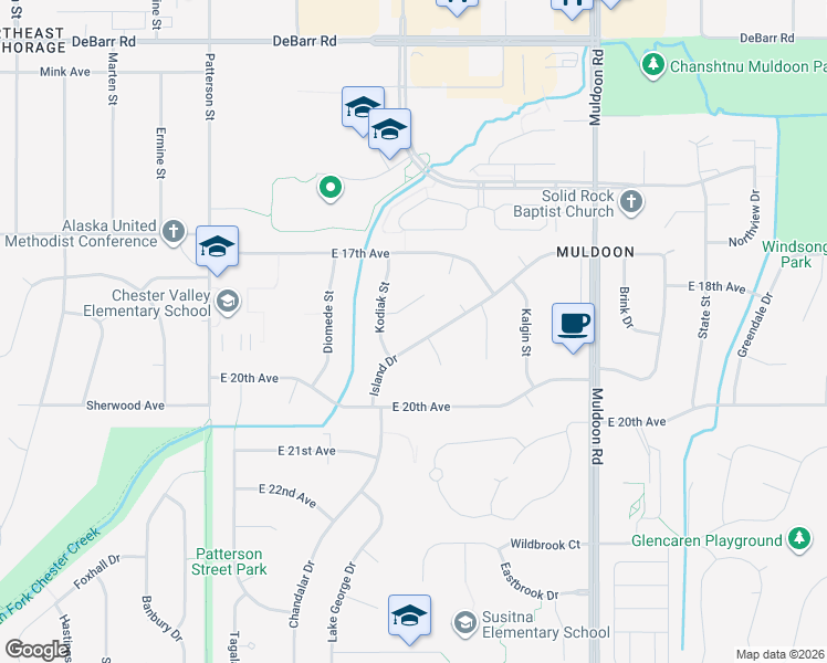map of restaurants, bars, coffee shops, grocery stores, and more near 7520 Beluga Circle in Anchorage
