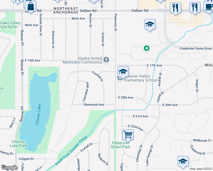 map of restaurants, bars, coffee shops, grocery stores, and more near 1800 Patterson Court in Anchorage