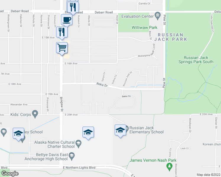 map of restaurants, bars, coffee shops, grocery stores, and more near 4276 Reka Drive in Anchorage