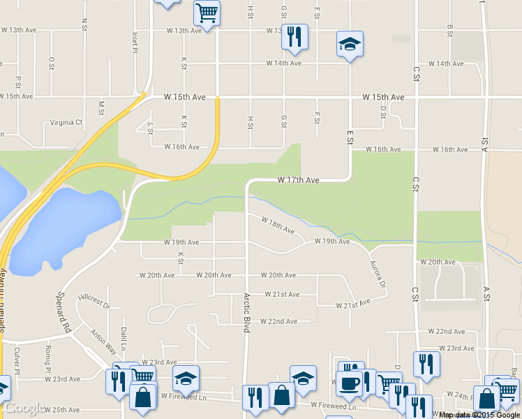map of restaurants, bars, coffee shops, grocery stores, and more near 743 West 18th Avenue in Anchorage