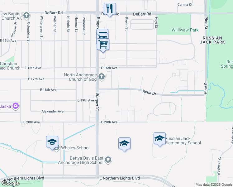 map of restaurants, bars, coffee shops, grocery stores, and more near 3958 Reka Drive in Anchorage