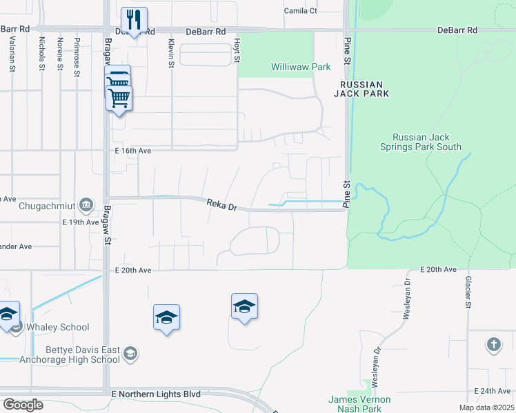 map of restaurants, bars, coffee shops, grocery stores, and more near 4368 Reka Drive in Anchorage
