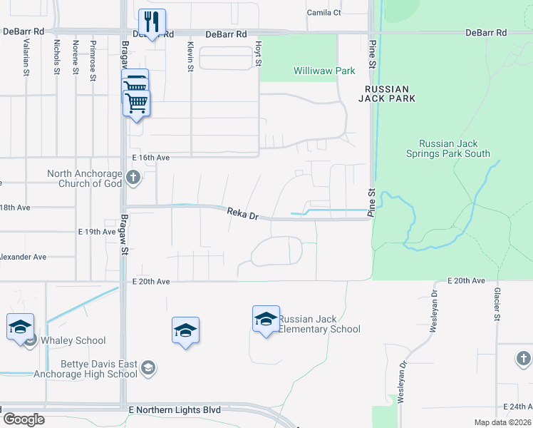 map of restaurants, bars, coffee shops, grocery stores, and more near 4368 Reka Drive in Anchorage