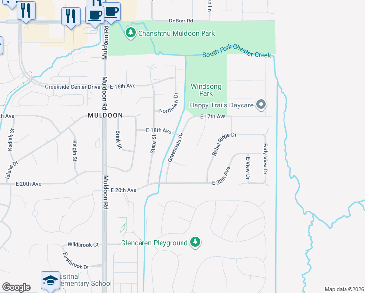 map of restaurants, bars, coffee shops, grocery stores, and more near 1811 Greendale Drive in Anchorage