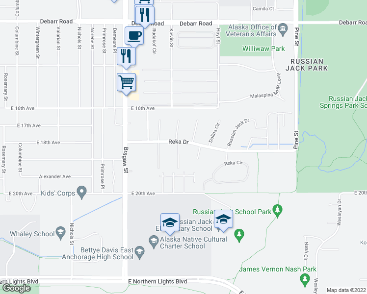 map of restaurants, bars, coffee shops, grocery stores, and more near 4108 Reka Drive in Anchorage