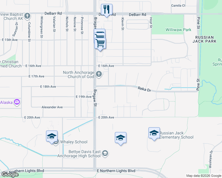 map of restaurants, bars, coffee shops, grocery stores, and more near 3958 A Reka Drive in Anchorage