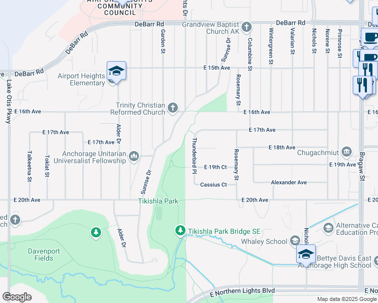 map of restaurants, bars, coffee shops, grocery stores, and more near 1816 Thunderbird Place in Anchorage