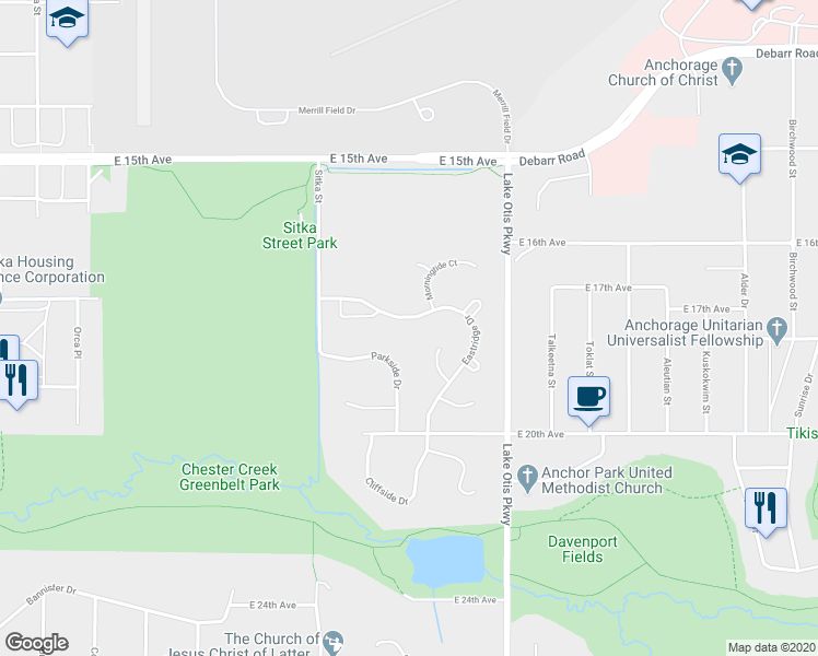 map of restaurants, bars, coffee shops, grocery stores, and more near 1700 Eastridge Drive in Anchorage