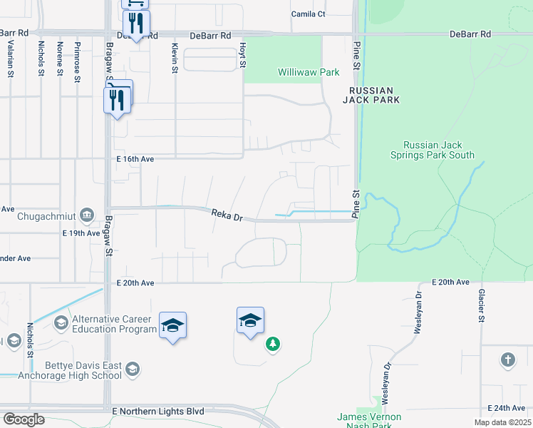 map of restaurants, bars, coffee shops, grocery stores, and more near 4368 Reka Drive in Anchorage