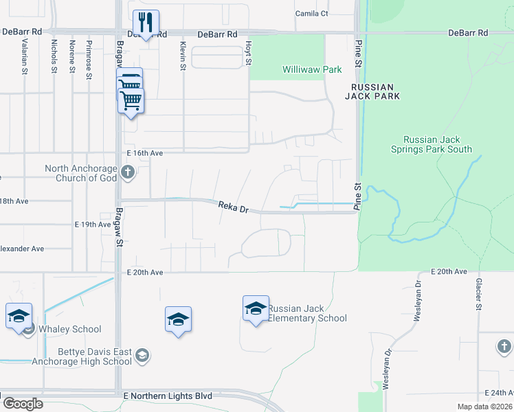 map of restaurants, bars, coffee shops, grocery stores, and more near 4368 Reka Drive in Anchorage