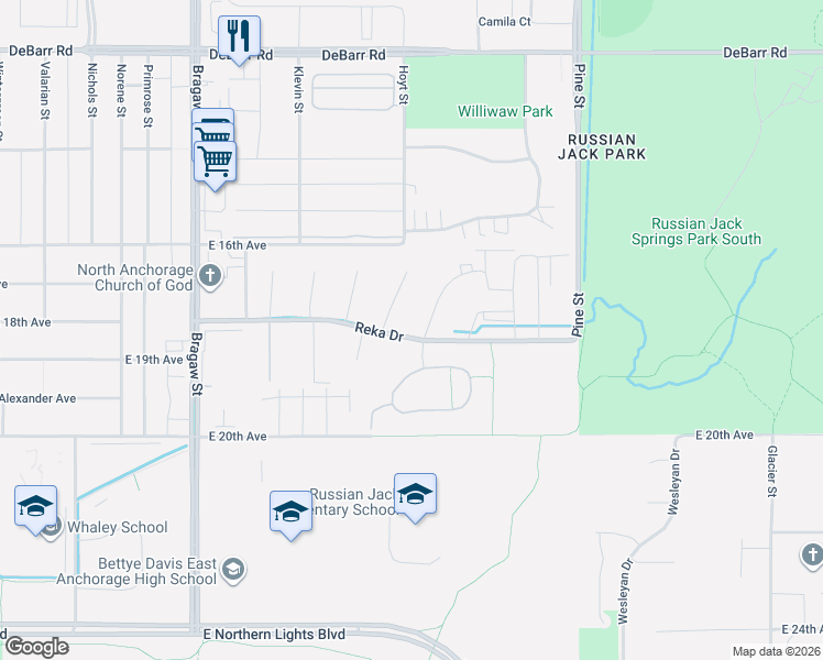 map of restaurants, bars, coffee shops, grocery stores, and more near 4276 Reka Drive in Anchorage