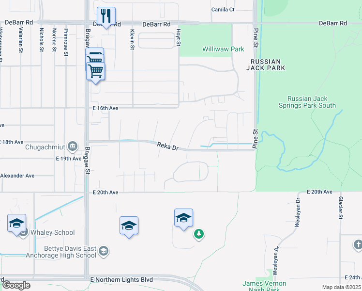map of restaurants, bars, coffee shops, grocery stores, and more near 4276 Reka Drive in Anchorage